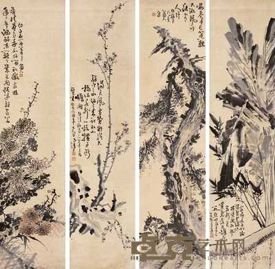 孙清士 四时嘉禾 四屏 176×44cm×4